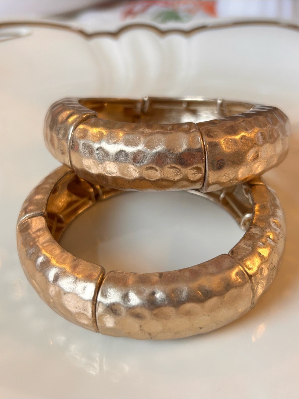 Hammered Gold Tone Stretch Bangles Set of 2 | Chunky Statement Bracelets Modern